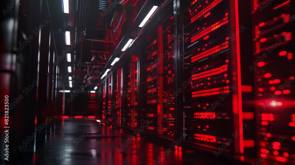 Poster a 3d render of crypto miners working at a data center in a dark facility. objects are connected by i