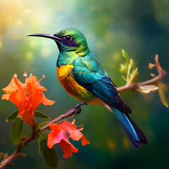 Fototapeta premium a beautiful sunbird,Closeup shot of a Crimson sunbird perched on a flower,