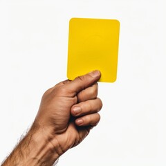 Hand holding a yellow card in soccer sports isolated on white with clipping path.