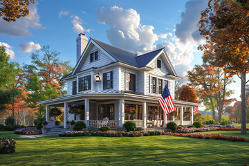 Obraz premium A beautiful two-story American-style house on a green lawn with a usa flag. Generated by artificial intelligence