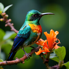 Fototapeta premium a beautiful sunbird,Closeup shot of a Crimson sunbird perched on a flower,