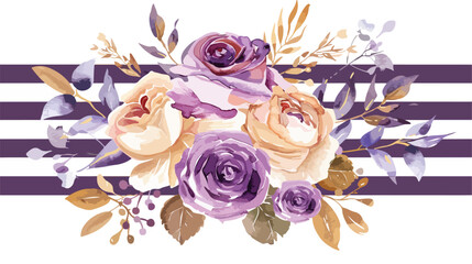 Watercolor floral bouquet flowers and purple stripes