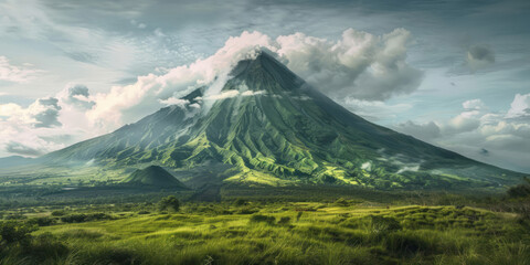 A volcano, covered with lush green grass and surrounded by thick clouds, stands like an elongated pyramid against the sky.