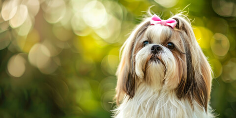 An adorable Shih Tzu with long, flowing hair and pink bows stands outdoors against a blurred green backdrop.