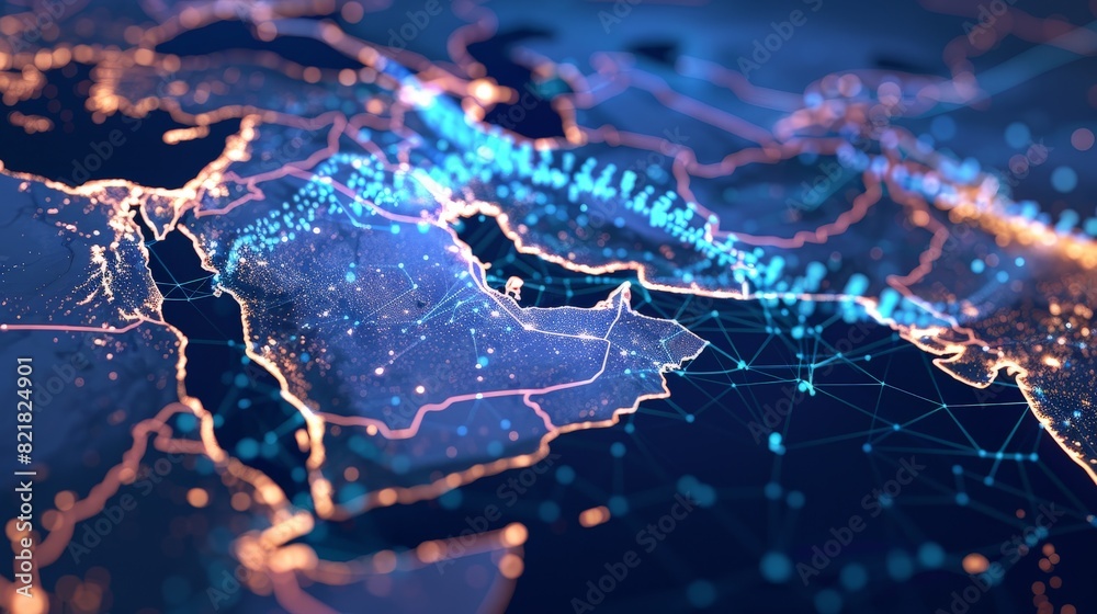 Poster Depicting an abstract map of Saudi Arabia, Middle East, and North Africa, this concept emphasizes global network connectivity, data transfer, and cyber technology, facilitating robust 