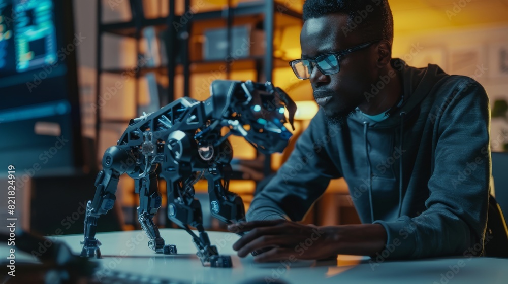 Poster an african software developer is programming a robot dog on a desktop computer, with engineering res