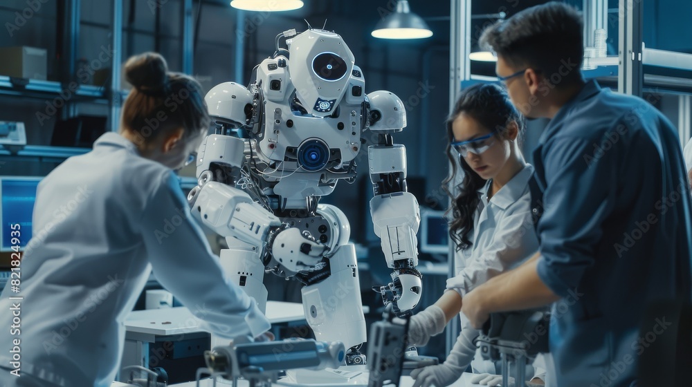 Poster female and male engineers work in a factory development workshop using industrial programmable robot