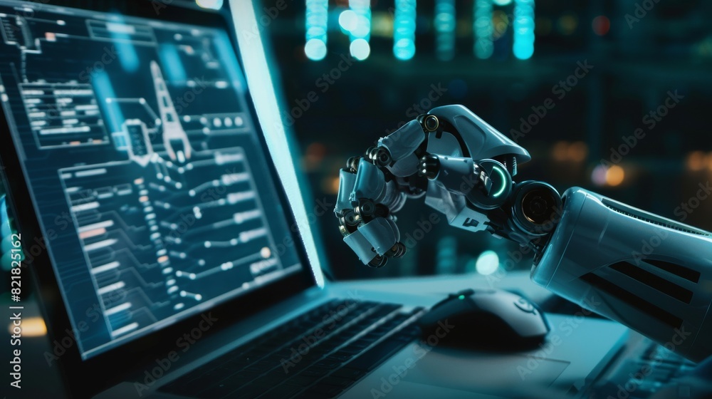 Poster in the center is a screen shot of a robotics engineer using a laptop computer with a software applic