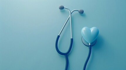 A stethoscope and heart are positioned on a light blue background, representing health.