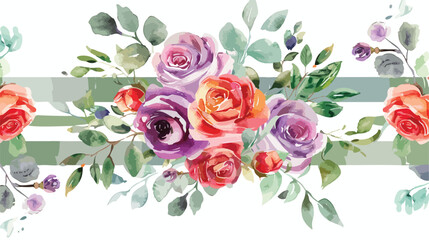 Watercolor floral bouquets red purple roses and leave