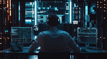 An administrator working in a dark research facility on a computer with multiple displays. A software developer in casual clothes wearing headphones updates a server database.