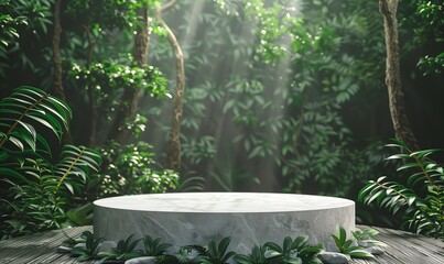 Tropical environment 3D podium background, minimalist 3D podium, environment background, mockup, forest tropical leaves,