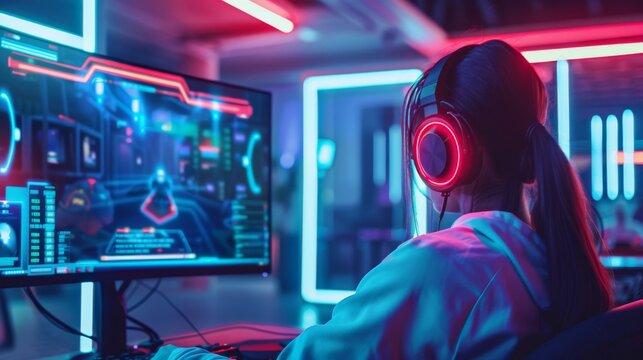 In this video, a young female gamer is playing a strategy video game on her computer with advanced graphics. She is playing the game in a futuristic neon gaming room with a cosplay fangirl in