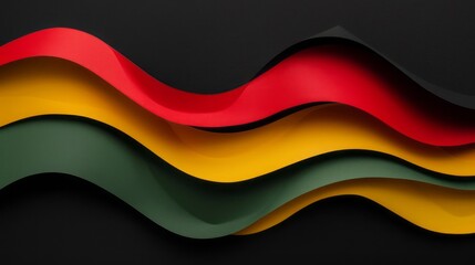 A black backdrop hosts waves of red, yellow, and green paper in a simple, minimalistic layout with room for text or design.