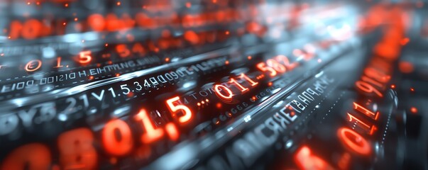 Close-up of digital binary code with red digits depicting futuristic data stream and information technology.