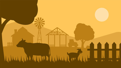 Landscape illustration of farm silhouette with cow and goat © Moleng24