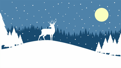 Landscape illustration of reindeer at hill in winter season
