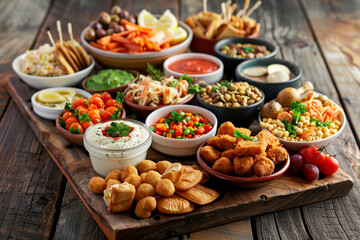 Snack Time, Casual snack time setup with assorted finger foods and dips on a rustic wooden board  