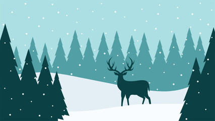 Landscape illustration of a reindeer at pine forest in winter season © Moleng24