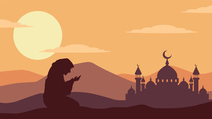 Landscape illustration of muslim praying with mosque silhouette