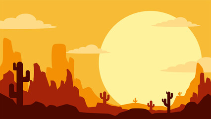 Landscape illustration of wild west desert with sunset sky