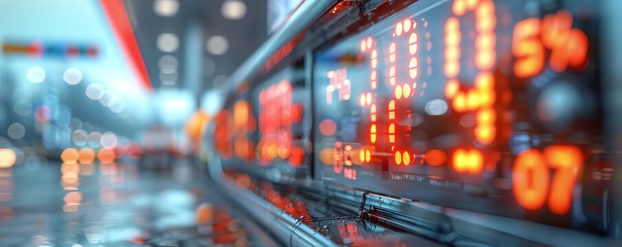Close-up of electronic stock market ticker display numbers and glowing data in a modern financial environment.