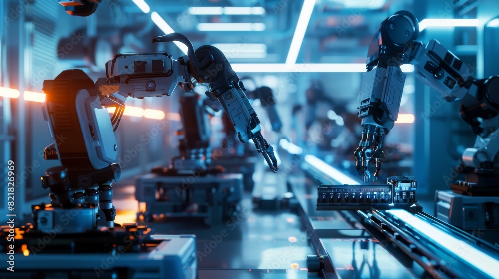 Poster a 3d rendering of a futuristic automated robotic assembly line for manufacturing high-tech electroni