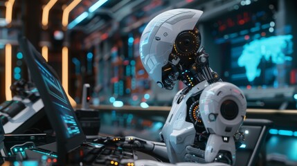 Fototapeta premium This is a 3D rendering of a futuristic Advanced Humanoid Virtual Generative AI Assistant using Cloud Computing Services Solutions and Big Data Analytics.