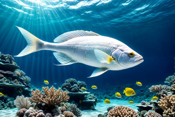 White fish swimming in blue ocean water tropical under water. Scuba diving adventure in Maldives. Fishes in underwater wild animal world. Observation of wildlife Indian ocean. Copy text space