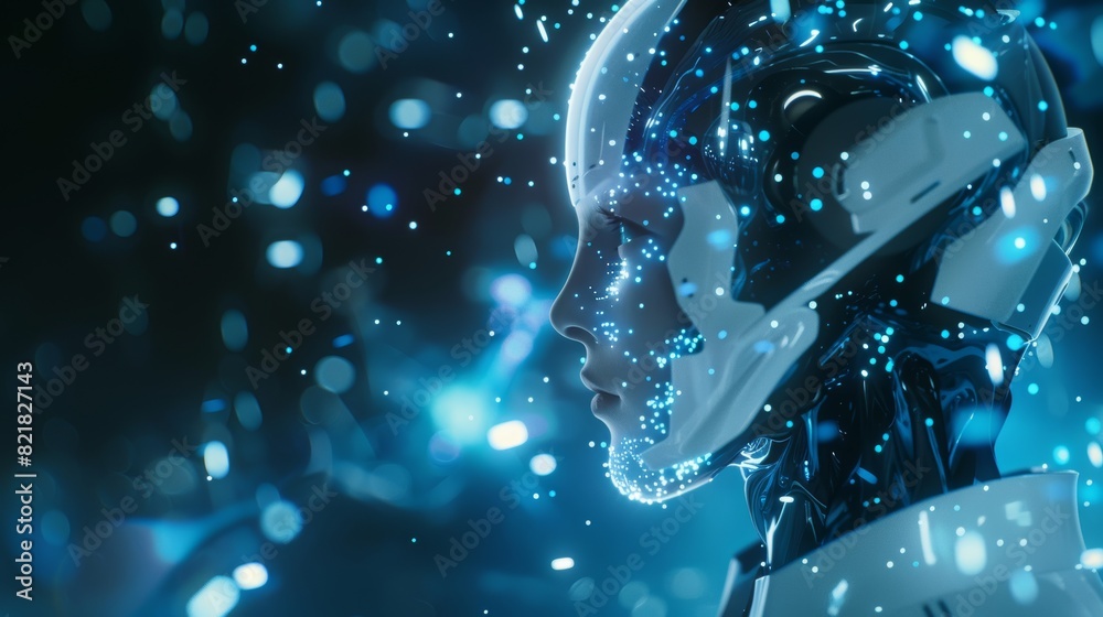 Poster humanoid robot activates web 3.0 virtual interface. three-dimensional rendering of humanoid using cl
