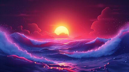 Vibrant sunset over a serene ocean, with waves illuminated by radiant pink and purple hues creating a stunning sky and water scene.