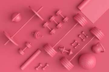 Isometric view of sport equipment like kettlebell, fitness ball and yoga mat