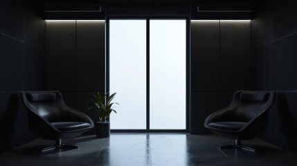 An interior with two armchairs and a panoramic window in a dark waiting room