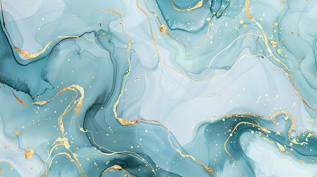 This is a pastel cyan mint liquid marble watercolor background with gold lines and brush stains. A teal turquoise marbling alcohol ink drawing effect adds character to this modern illustration