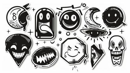 Y2K retro stickers with cartoon faces and 90s graphic design badges. Funky, hipster retrowave stickers in geometric shapes.