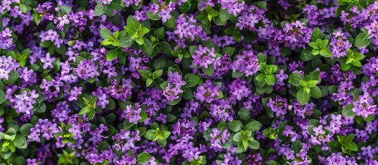 Naklejka premium The image shows a field of purple flowers with green leaves, suitable for use as a background in advertising.