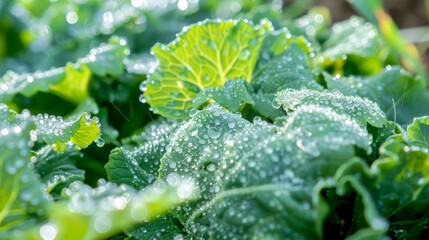 Early morning dew on vibrant green cabbage leaves under sunlight, symbolizing freshness and growth