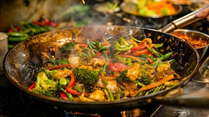 A dynamic stir-fry capturing the flames and sizzle of vegetables being cooked in a wok, ideal for culinary contexts