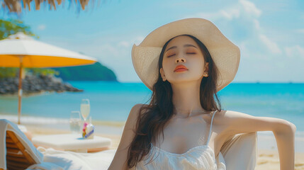 Summer Bliss Young Asian Woman at Tutu Beach
 Vacation Vibes
Relaxing in Cafe with Hat and Dress
Capturing the Essence of Coastal Leisure