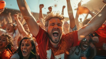 Cheerful fans with raised hands and joyful emotions celebrate the victory of their favorite team at the stadium. Sport competitions