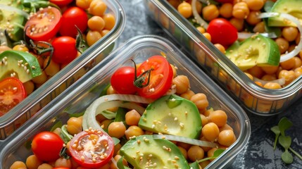 Glass containers filled with a healthy meal prep of chickpeas, tomatoes, cucumbers, and avocado slices, ready to eat