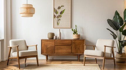 Featuring a wooden dresser, poster, and armchairs in beige and wood