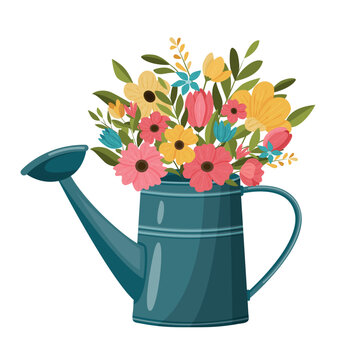 colorful flowers in teal watering can clip art preview