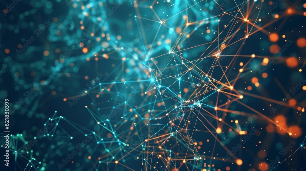 Wall mural background with a cyber network grid and connected particles. synthetic neurons, global data connect