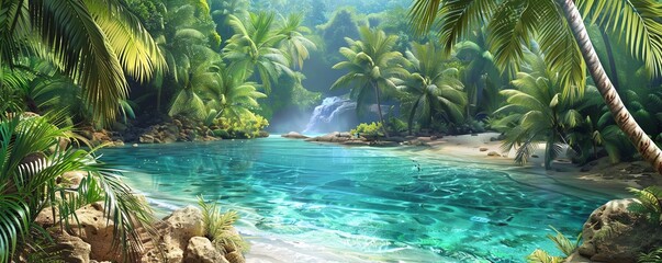 A beautiful tropical island with white sand beaches, crystal clear waters, and lush green vegetation