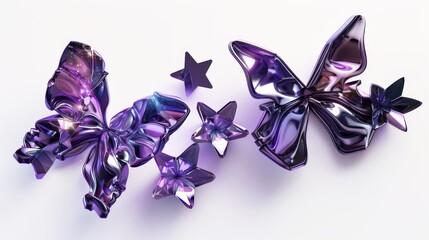 3d rendering violet aluminum gradient shape design element isolated on white. Purple chrome metal shapes - butterflies and stars.