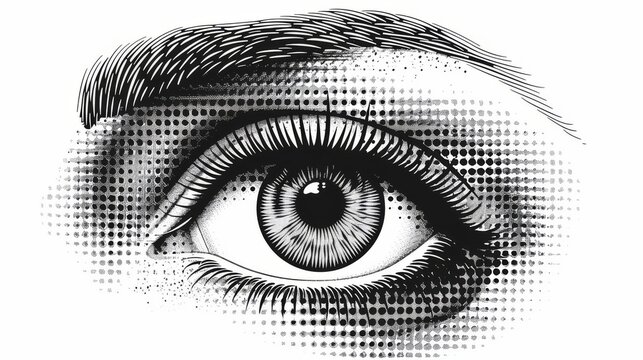 An open human eye with half-tone texture created from vintage grunge punk crazy art stencils. This can be used to create mixed media designs. Dotted pop art style open human eye.