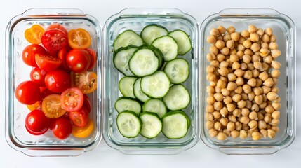 Three glass containers with fresh tomatoes, cucumber slices, and chickpeas arranged on a white surface