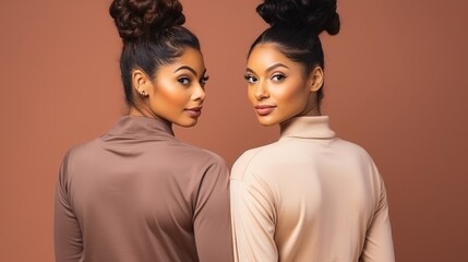 Twin sisters showcase their striking resemblance and stylish outfits in a sophisticated neutral setting