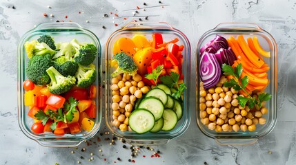 Glass containers filled with variety of fresh vegetables and chickpeas for healthy meal prep